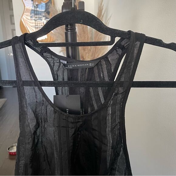 Zara Woman Racer Back Sleeveless Tunic Black Textured Stripes - Picture 2 of 6